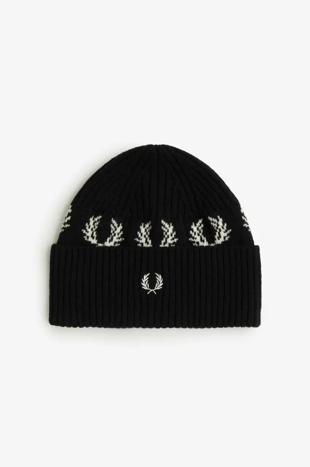 Men Laurel Wreath Lambswool Beanie Blacksnow White Fred Perry Accessories