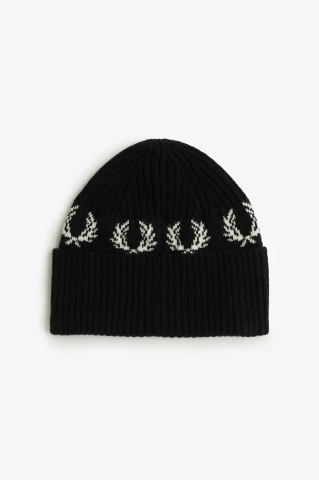 Men Laurel Wreath Lambswool Beanie Blacksnow White Fred Perry Accessories