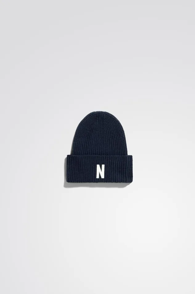 Men Merino Lambswool Rib N Logo Beanie Dark Navy Norse Projects Beanies