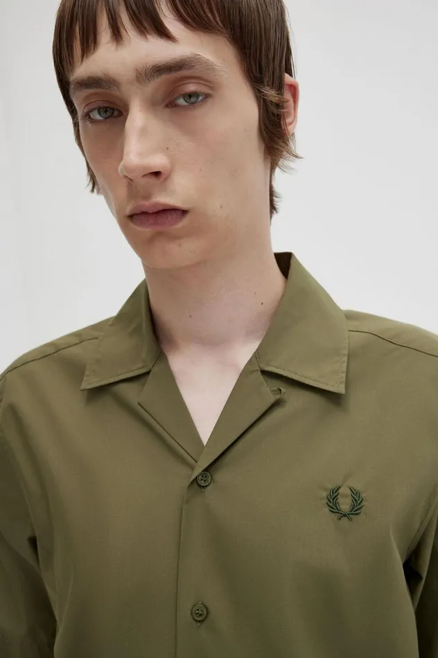 Men Ribbed Hem Revere Collar Shirt Uniform Green Fred Perry Shirts