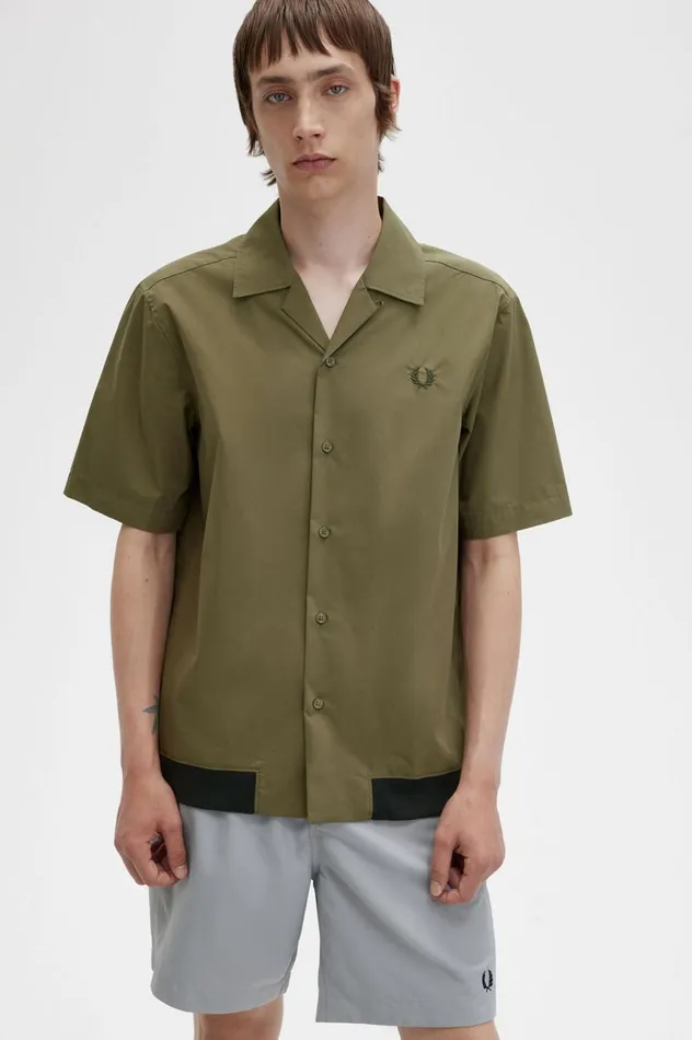 Men Ribbed Hem Revere Collar Shirt Uniform Green Fred Perry Shirts