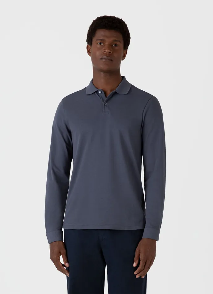 Men ussunspel Long Sleeve Piqu Polo Shirt Slate Blue Polo Shirts