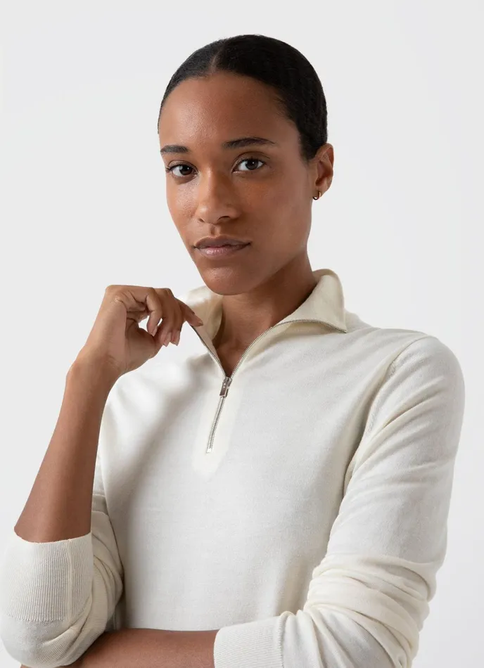 Merino Silk Zip Neck Jumper Ivory Women SUNSPEL Knitwear