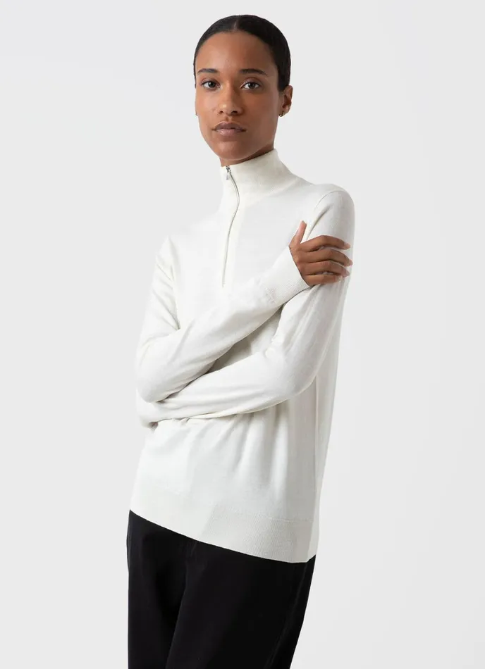 Merino Silk Zip Neck Jumper Ivory Women SUNSPEL Knitwear