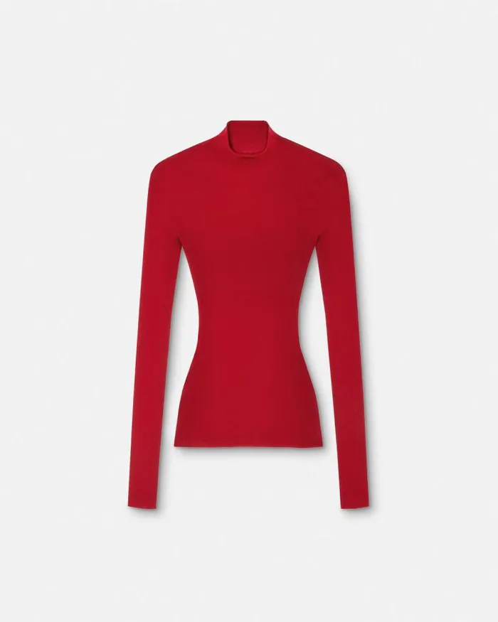 Merino Wool Fitted Ribbed Knit Top Red Women Versace Knitwear