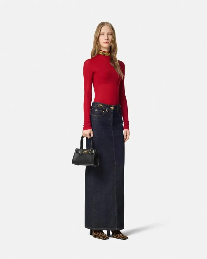 Merino Wool Fitted Ribbed Knit Top Red Women Versace Knitwear