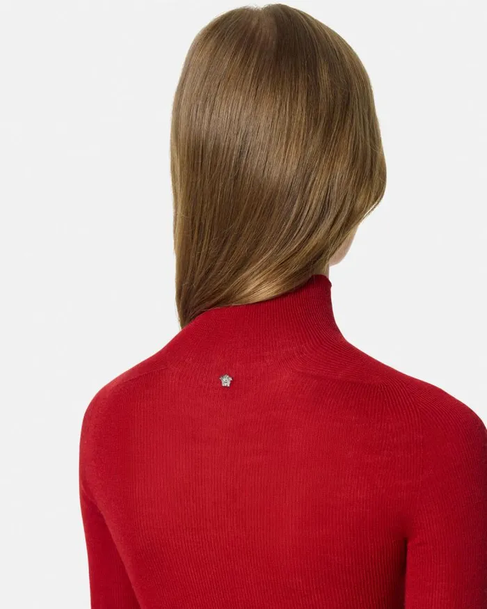 Merino Wool Fitted Ribbed Knit Top Red Women Versace Knitwear