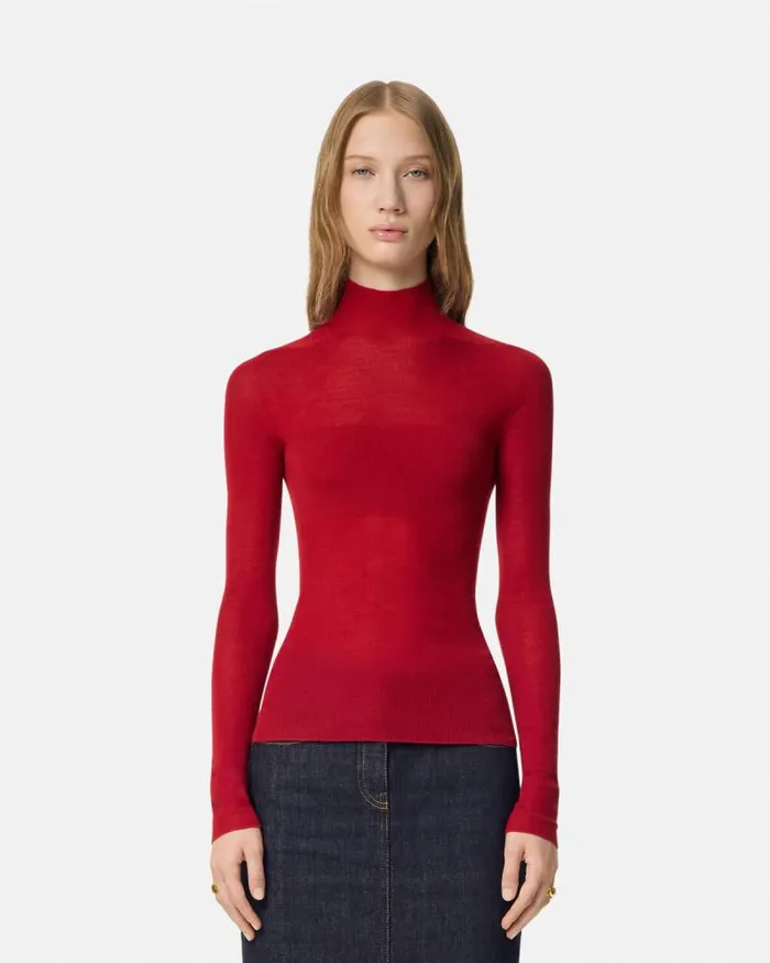 Merino Wool Fitted Ribbed Knit Top Red Women Versace Knitwear