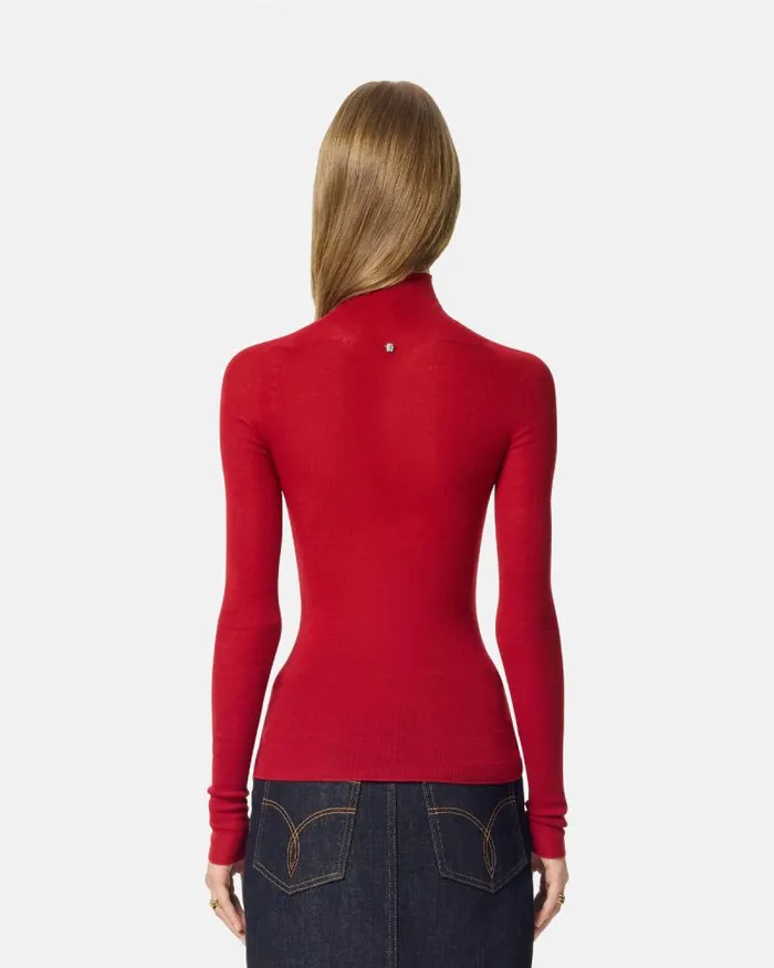 Merino Wool Fitted Ribbed Knit Top Red Women Versace Knitwear