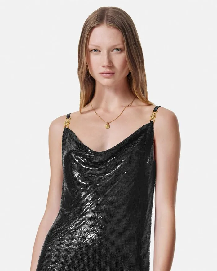 Metal Mesh Slip Mini Dress Black Women Versace Dresses