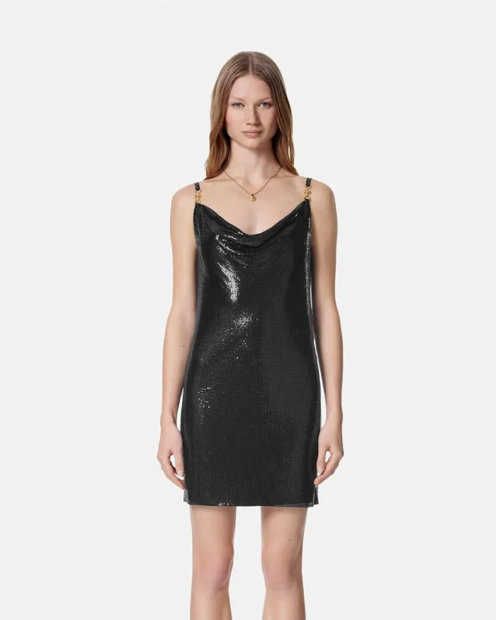Metal Mesh Slip Mini Dress Black Women Versace Dresses