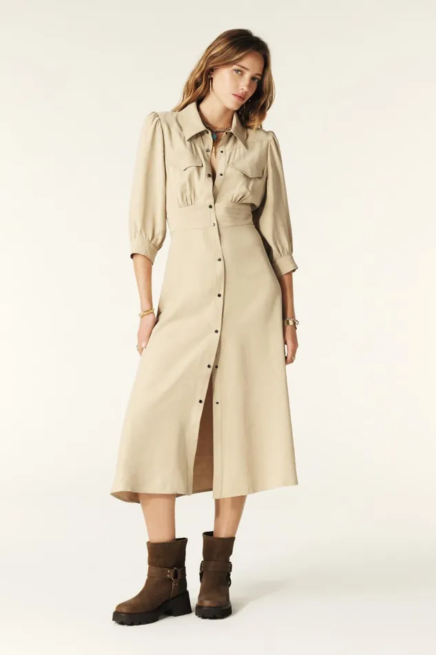 Midi Shirt Dress Lettra Beige Women Baandsh Dresses
