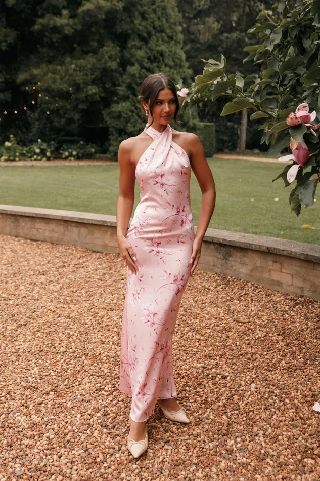 Mila Halterneck Maxi Dress Pink Floral Satin Dresses Petal and Pup Women