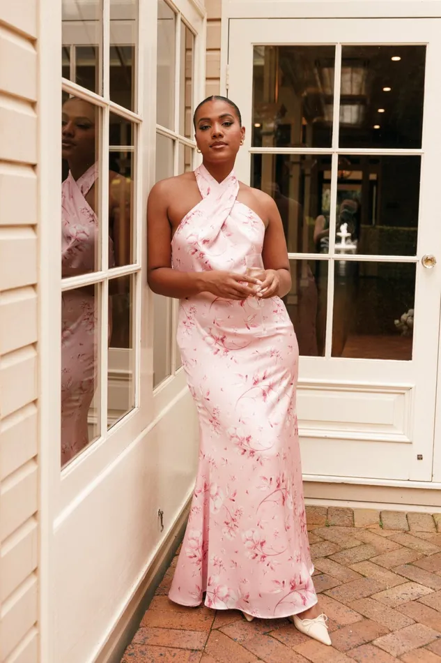 Mila Halterneck Maxi Dress Pink Floral Satin Dresses Petal and Pup Women