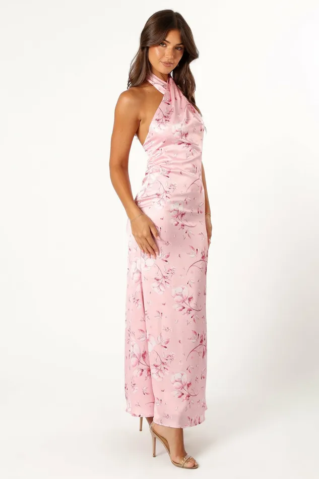 Mila Halterneck Maxi Dress Pink Floral Satin Dresses Petal and Pup Women
