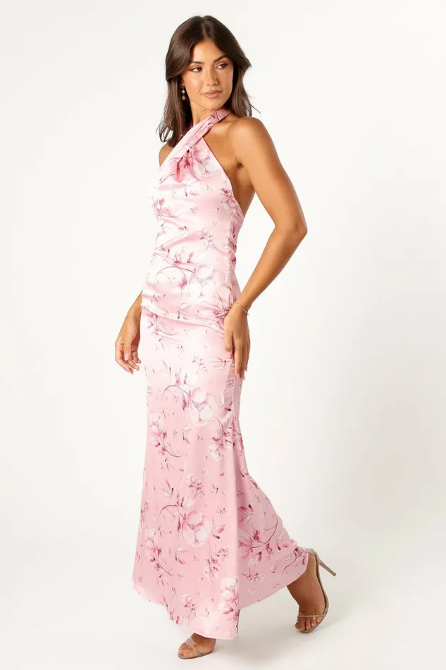 Mila Halterneck Maxi Dress Pink Floral Satin Dresses Petal and Pup Women