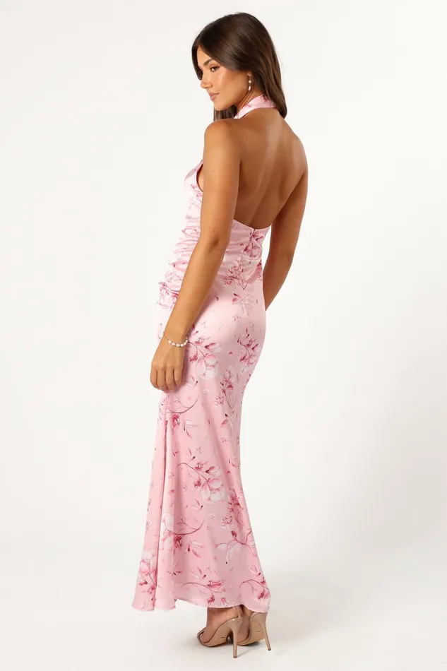 Mila Halterneck Maxi Dress Pink Floral Satin Dresses Petal and Pup Women