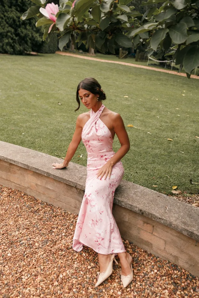 Mila Halterneck Maxi Dress Pink Floral Satin Dresses Petal and Pup Women