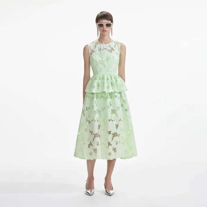 Mint Cotton Lace Peplum Midi Dress Women Self Portrait Dresses
