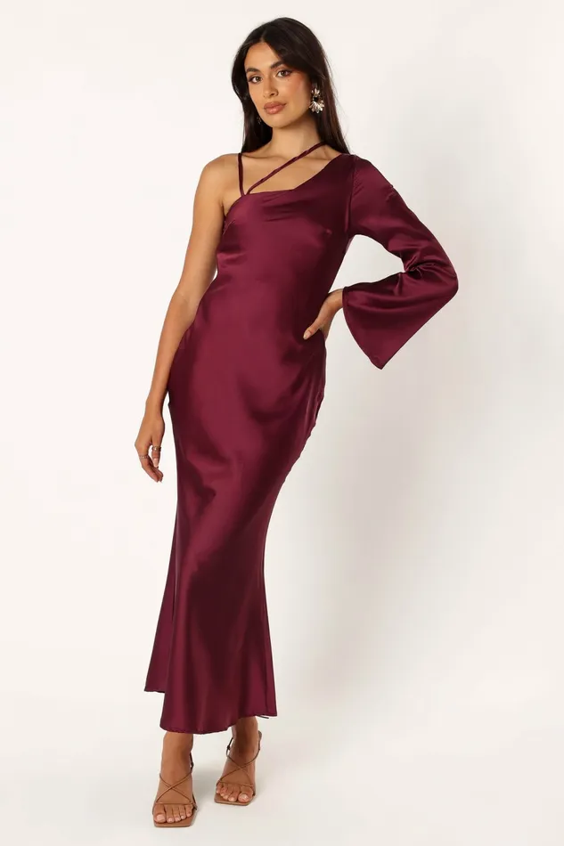 Moly One Shoulder Midi Dress Wine Women Winter Dresses Petal and Pup