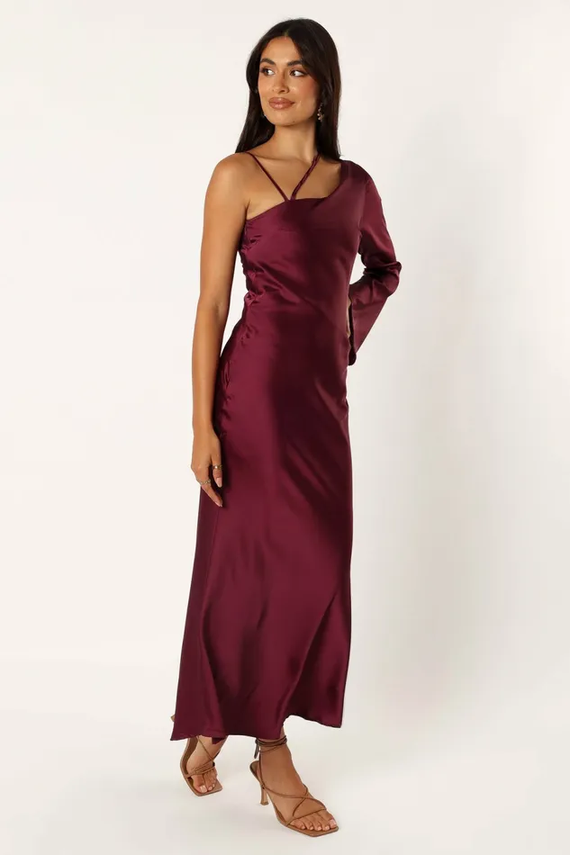 Moly One Shoulder Midi Dress Wine Women Winter Dresses Petal and Pup