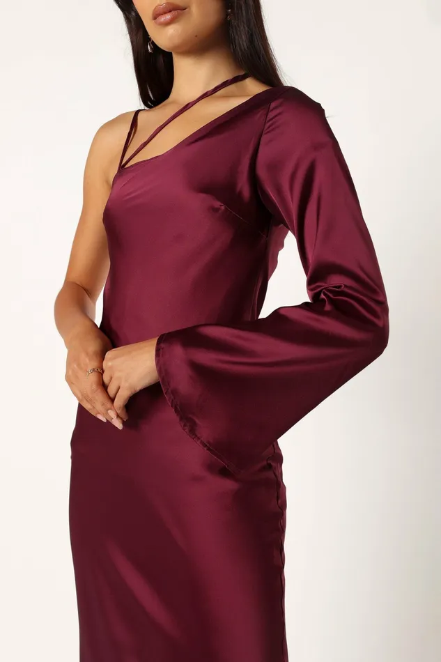 Moly One Shoulder Midi Dress Wine Women Winter Dresses Petal and Pup
