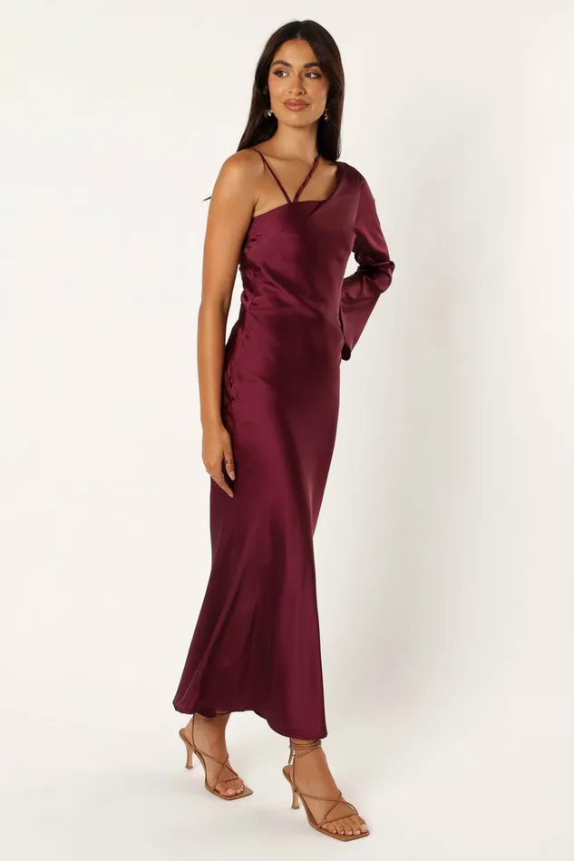 Moly One Shoulder Midi Dress Wine Women Winter Dresses Petal and Pup