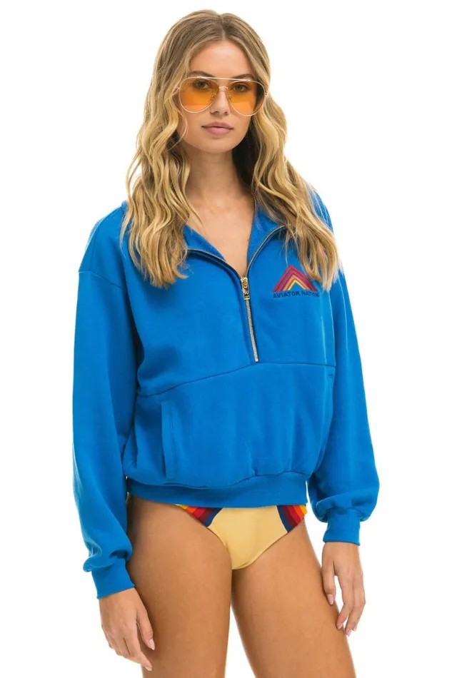 Mountain Embroidery Half Zip Sweatshirt 8211 Ocean WomenMen Aviator Nation Sweatshirts
