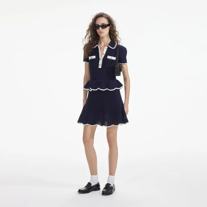 Navy Crochet Flared Mini Dress Women Self Portrait Dresses