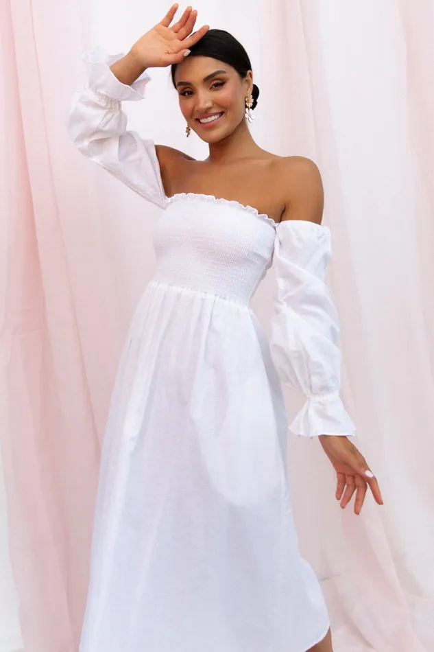 Off The Shoulder Dresses Domenica Shirred Long Sleeve Midi Dress White Petal and Pup Women
