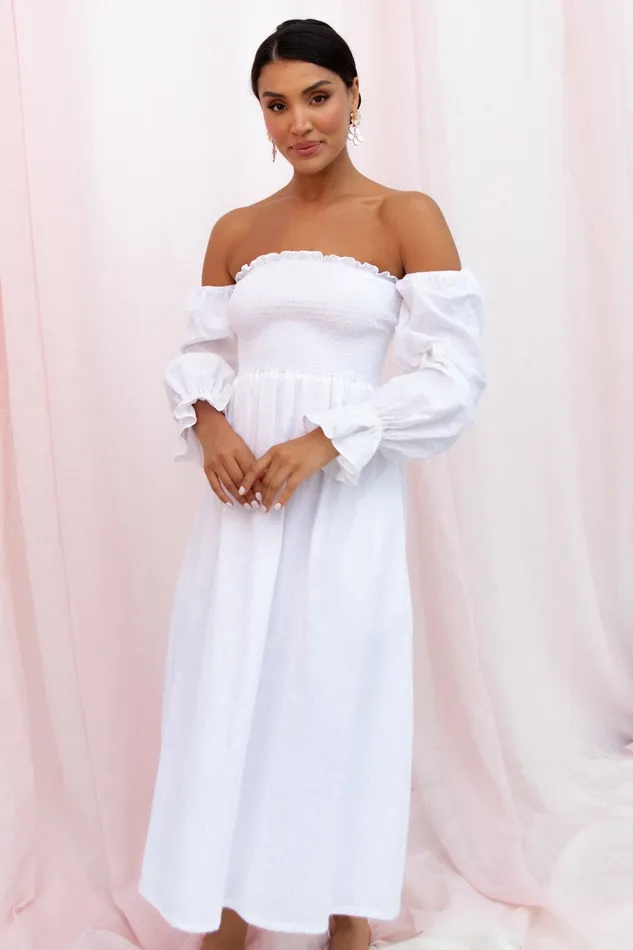 Off The Shoulder Dresses Domenica Shirred Long Sleeve Midi Dress White Petal and Pup Women