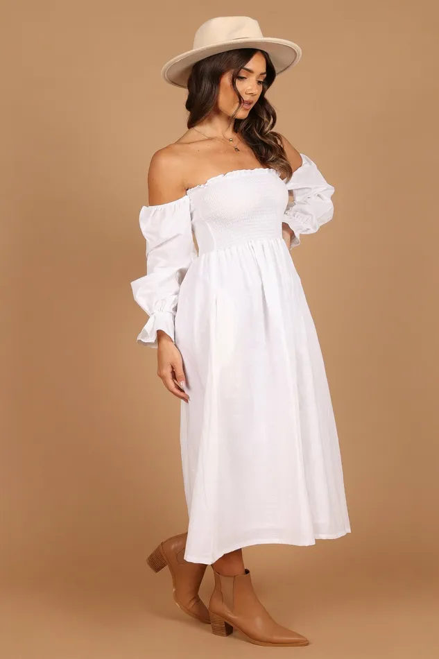 Off The Shoulder Dresses Domenica Shirred Long Sleeve Midi Dress White Petal and Pup Women
