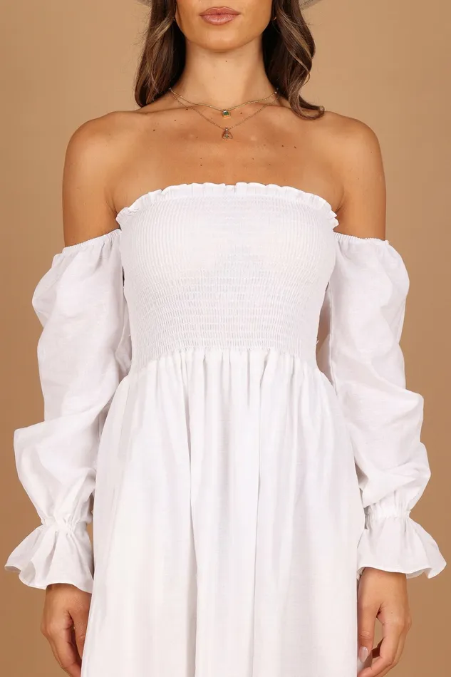 Off The Shoulder Dresses Domenica Shirred Long Sleeve Midi Dress White Petal and Pup Women
