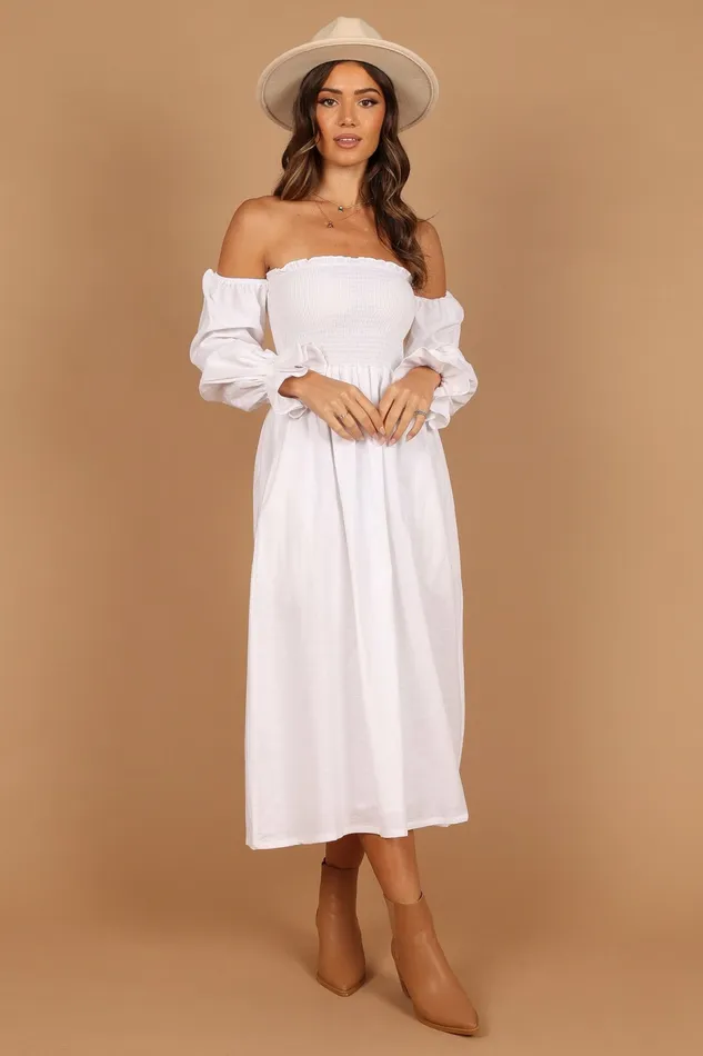 Off The Shoulder Dresses Domenica Shirred Long Sleeve Midi Dress White Petal and Pup Women