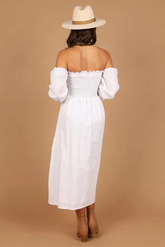 Off The Shoulder Dresses Domenica Shirred Long Sleeve Midi Dress White Petal and Pup Women