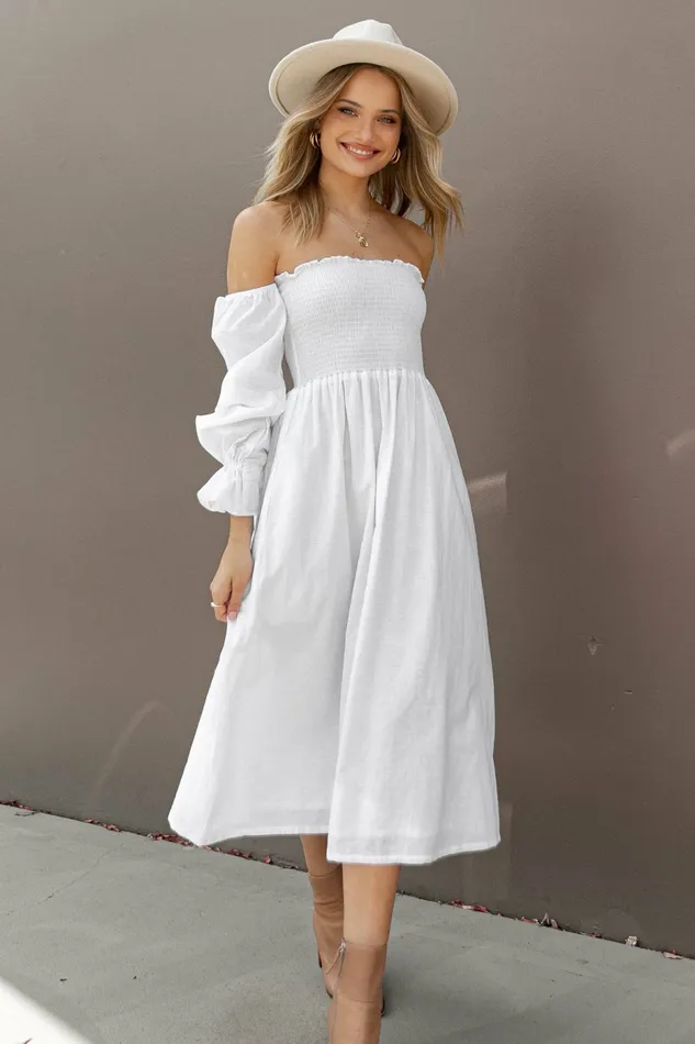 Off The Shoulder Dresses Domenica Shirred Long Sleeve Midi Dress White Petal and Pup Women