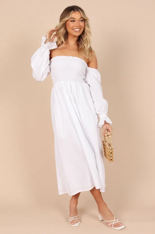 Off The Shoulder Dresses Domenica Shirred Long Sleeve Midi Dress White Petal and Pup Women
