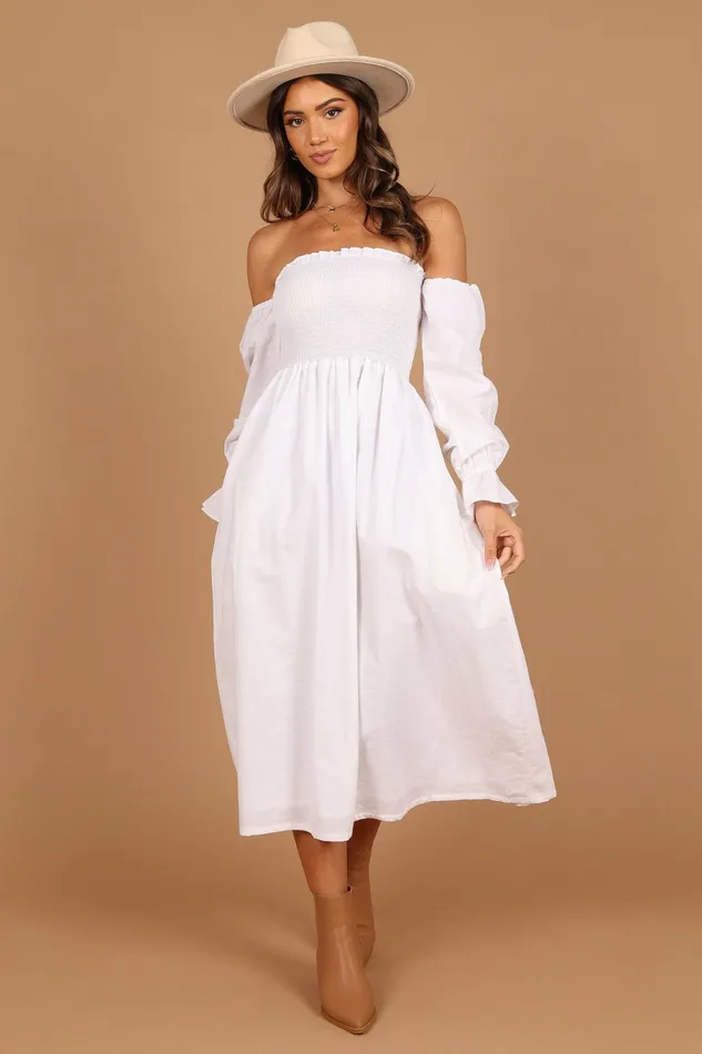 Off The Shoulder Dresses Domenica Shirred Long Sleeve Midi Dress White Petal and Pup Women