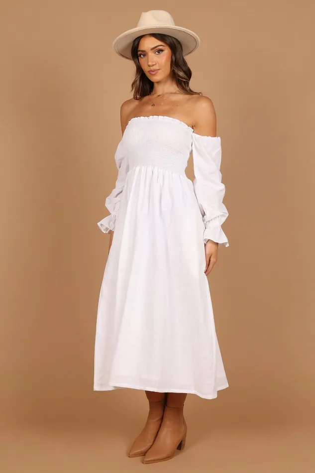 Off The Shoulder Dresses Domenica Shirred Long Sleeve Midi Dress White Petal and Pup Women
