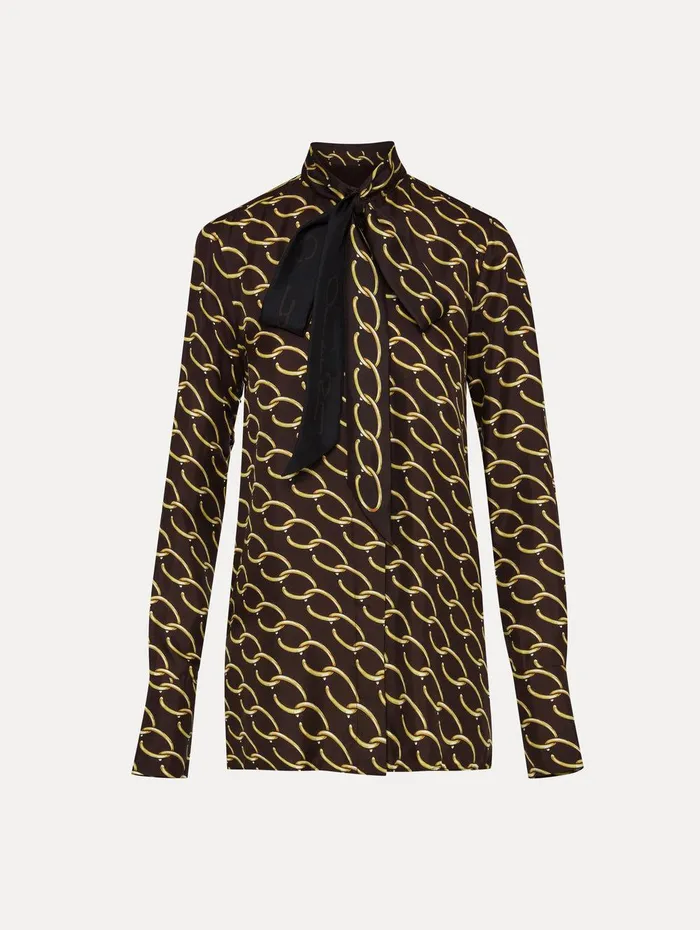 Oscar ChainLink Silk Twill Blouse Cafe Gold Women Oscar De La Renta Blouses and Knits Oscar ChainLink Silk Twill Blouse Cafe Gold Women Oscar De La Renta Blouses and Knits