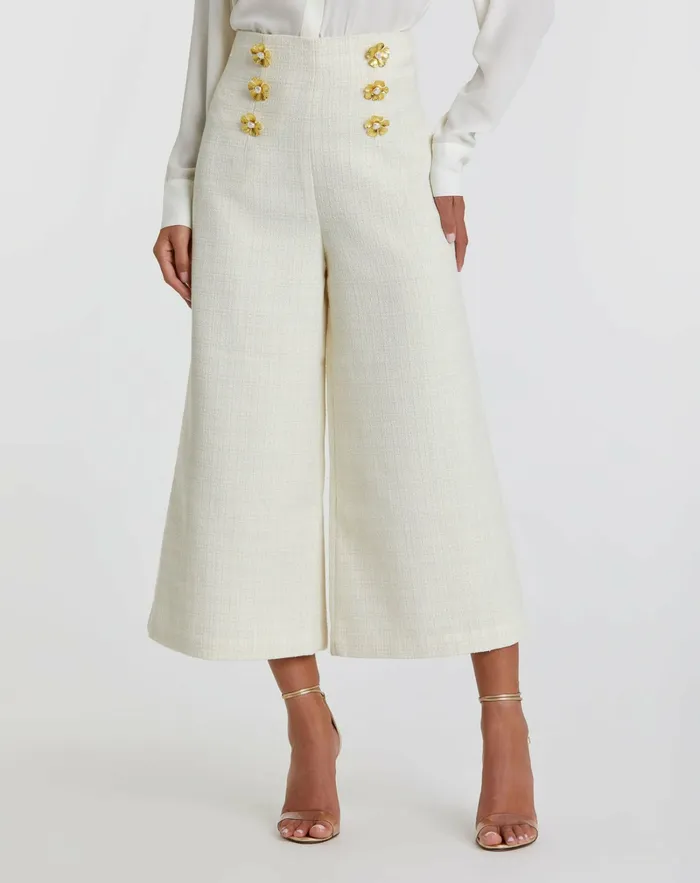 Pants Ivory Tweed High Waisted Wide Leg Sailor Pant with Gold Buttons 8211 FINA Cream 8211 Mac Duggal Women Pants Ivory Tweed High Waisted Wide Leg Sailor Pant with Gold Buttons 8211 FINA Cream 8211 Mac Duggal Women