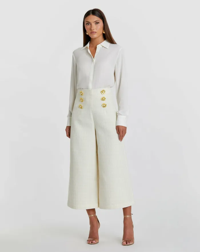 Pants Ivory Tweed High Waisted Wide Leg Sailor Pant with Gold Buttons 8211 FINA Cream 8211 Mac Duggal Women