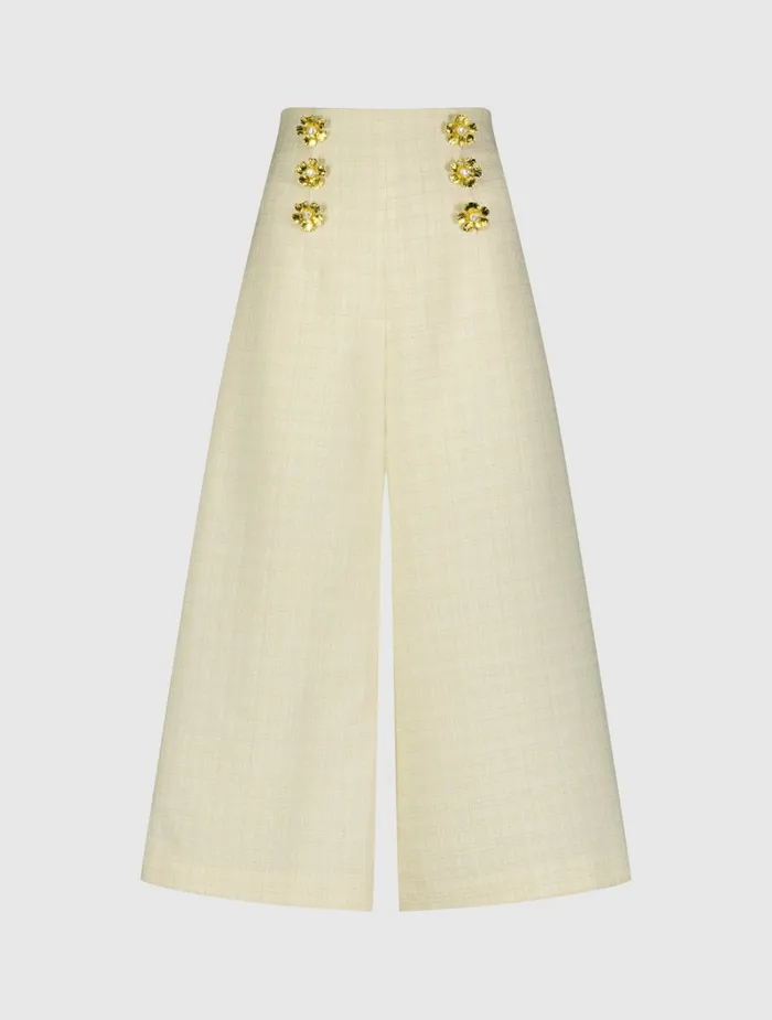 Pants Ivory Tweed High Waisted Wide Leg Sailor Pant with Gold Buttons 8211 FINA Cream 8211 Mac Duggal Women