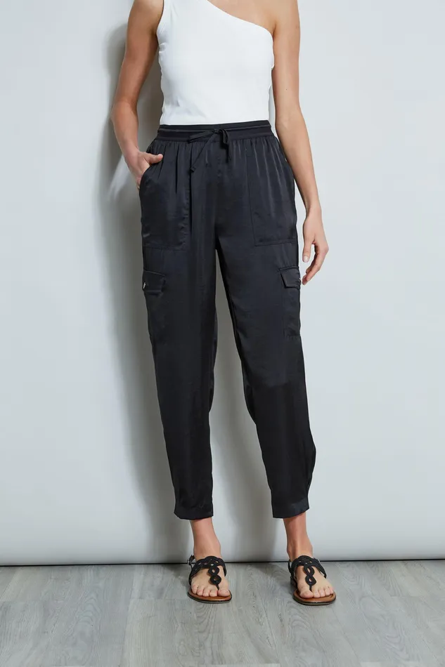 Pants Women Elie Tahari Satin Cargo Pocket Pant BLACK