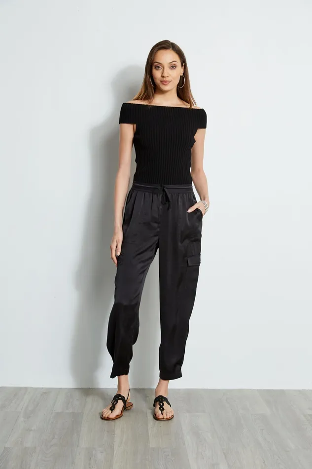 Pants Women Elie Tahari Satin Cargo Pocket Pant BLACK
