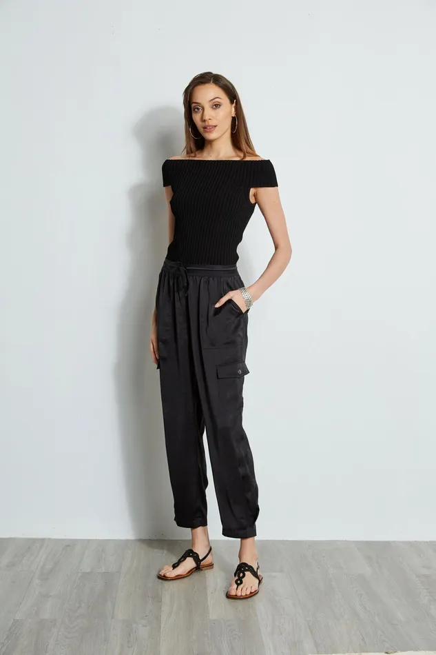 Pants Women Elie Tahari Satin Cargo Pocket Pant BLACK