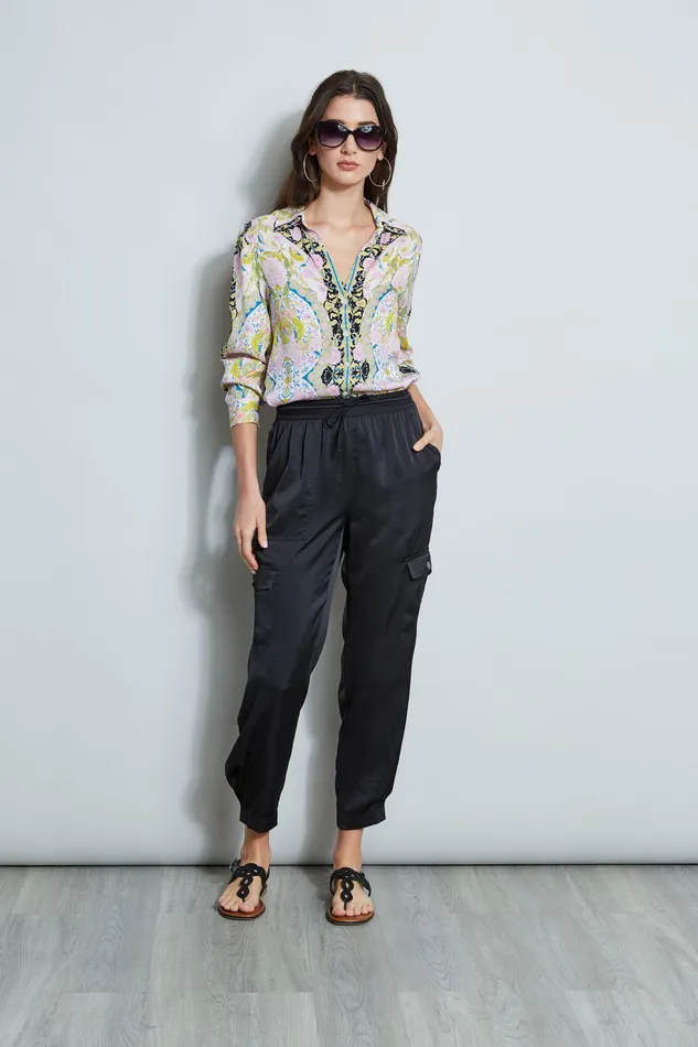 Pants Women Elie Tahari Satin Cargo Pocket Pant BLACK