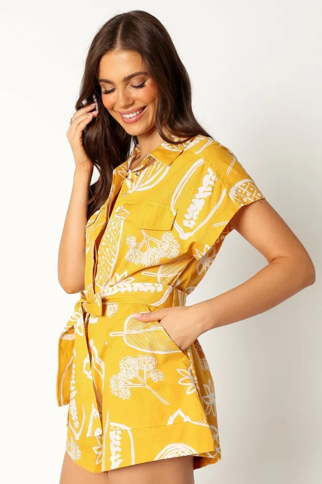 Petal and Pup Georgina Tie Waist Romper Yellow Women Jumpsuits and Rompers