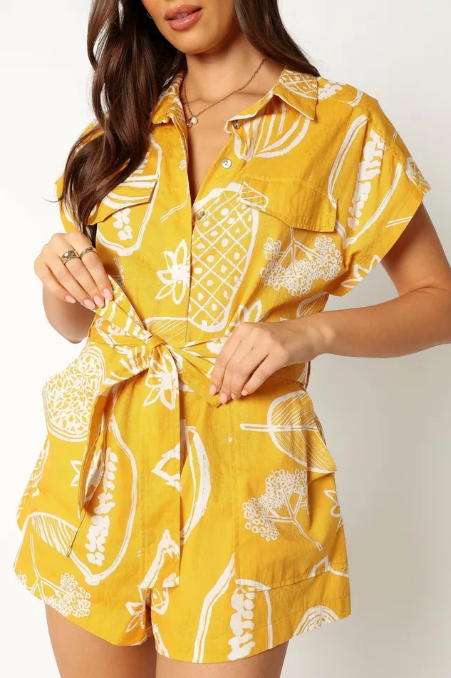 Petal and Pup Georgina Tie Waist Romper Yellow Women Jumpsuits and Rompers