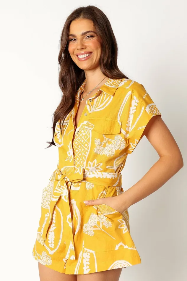 Petal and Pup Georgina Tie Waist Romper Yellow Women Jumpsuits and Rompers